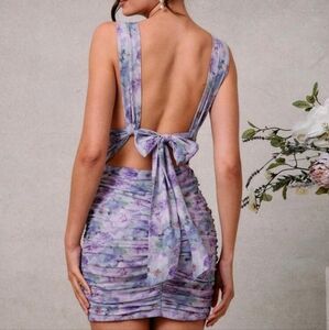 Elegant Floral Mesh Low Back Tie Detail Ruched Mini Dress, Wedding Guest Dress